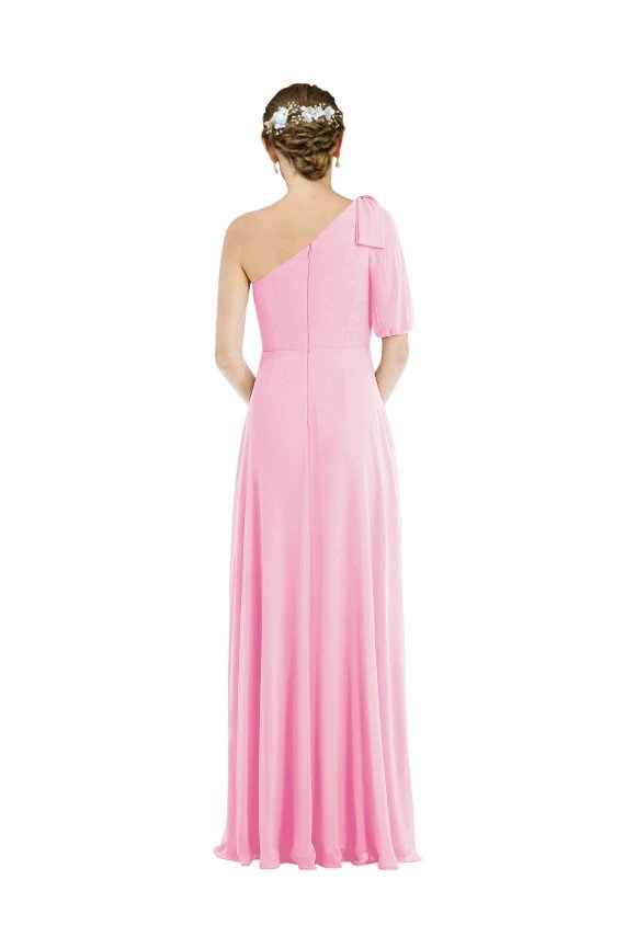 Affordable Bow One Shoulder Flounce Sleeve Maxi Bridesmaid Dress
