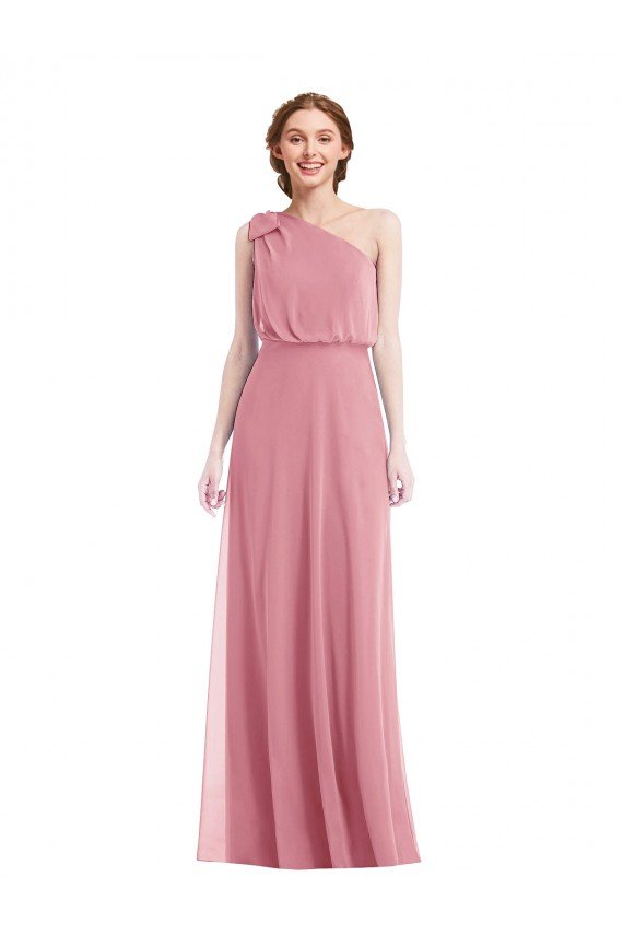 Affordable One Shoulder Bow Blouson Bodice Maxi Bridesmaid Dress