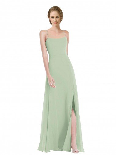 Affordable Scoop Neck Tie Strap Maxi Bridesmaid Dress with Front Slit