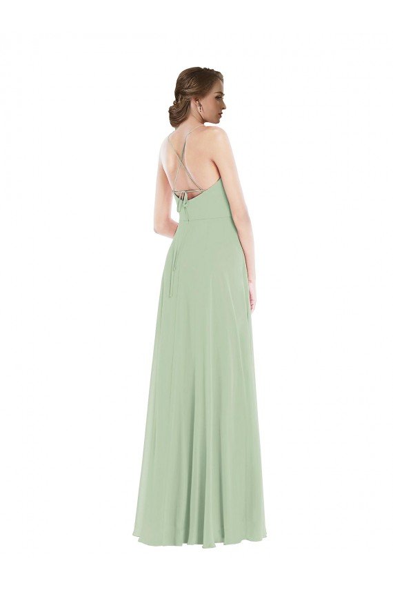 Affordable Scoop Neck Tie Strap Maxi Bridesmaid Dress with Front Slit