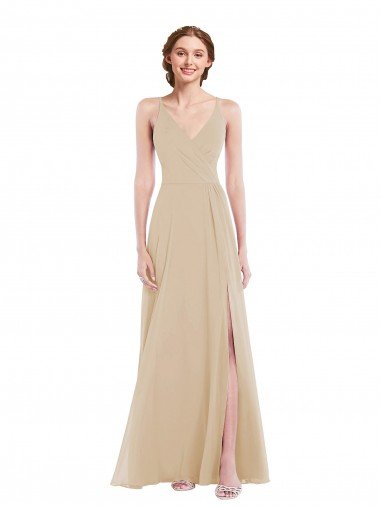 Affordable Faux Wrap Criss Cross Back Maxi Bridesmaid Dress with Front Slit