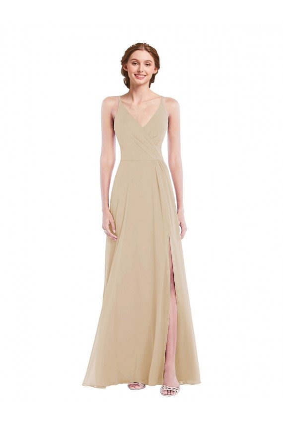 Affordable Faux Wrap Criss Cross Back Maxi Bridesmaid Dress with Front Slit