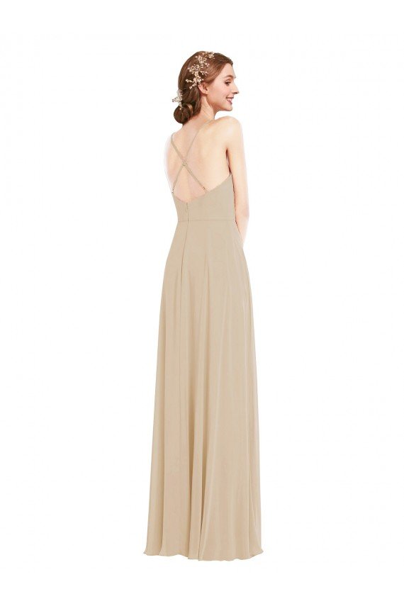 Affordable Faux Wrap Criss Cross Back Maxi Bridesmaid Dress with Front Slit