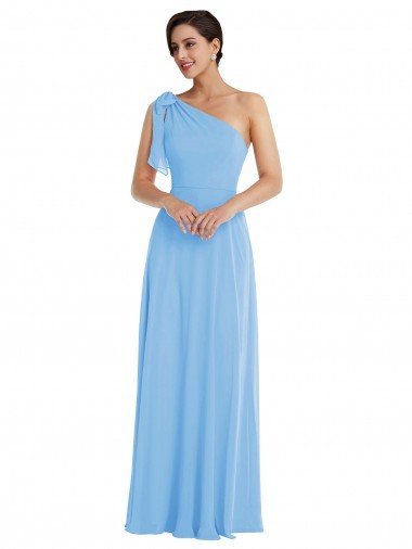 Affordable Draped One Shoulder Maxi Bridesmaid Dress with Scarf Bow