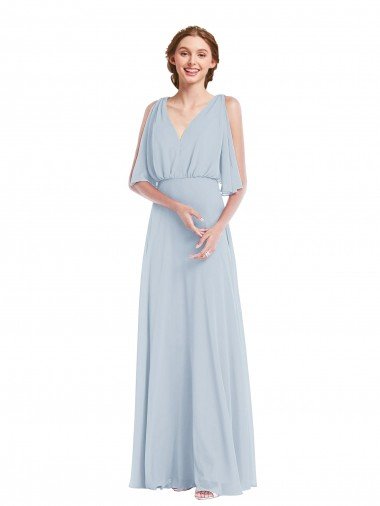 Affordable V-Neck Split Sleeves Blouson Bodice Maxi Bridesmaid Dress