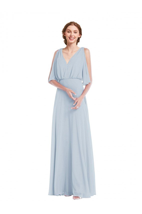 Affordable V-Neck Split Sleeves Blouson Bodice Maxi Bridesmaid Dress