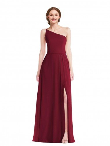 Affordable One Shoulder Chiffon Maxi Bridesmaid Dress with Shirred Front Slit