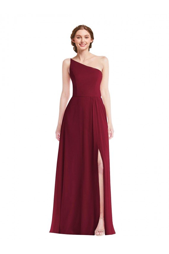 Affordable One Shoulder Chiffon Maxi Bridesmaid Dress with Shirred Front Slit