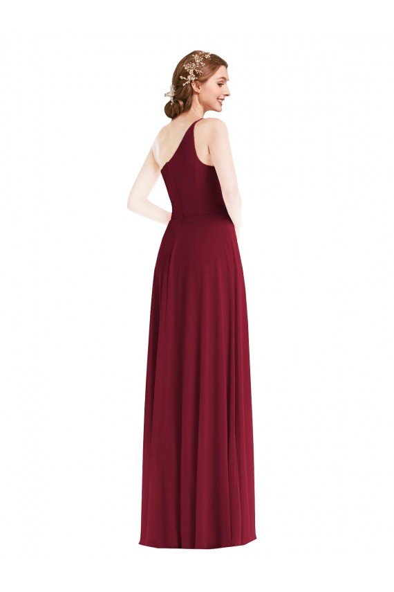 Affordable One Shoulder Chiffon Maxi Bridesmaid Dress with Shirred Front Slit