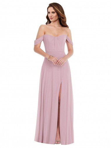 Affordable Off the Shoulder Draped Sleeve Maxi Bridesmaid Dress with Front Slit