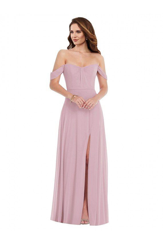 Affordable Off the Shoulder Draped Sleeve Maxi Bridesmaid Dress with Front Slit