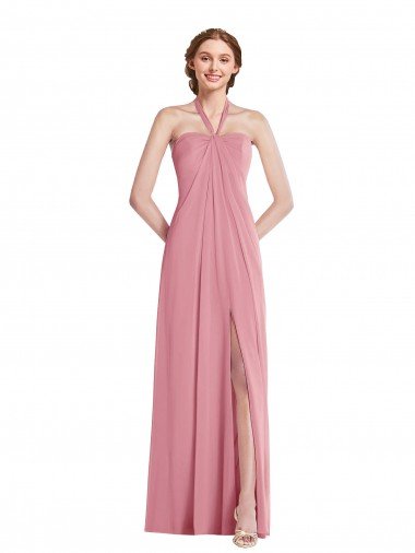 Affordable Draped Chiffon Grecian Column Bridesmaid Dress with Front Slit