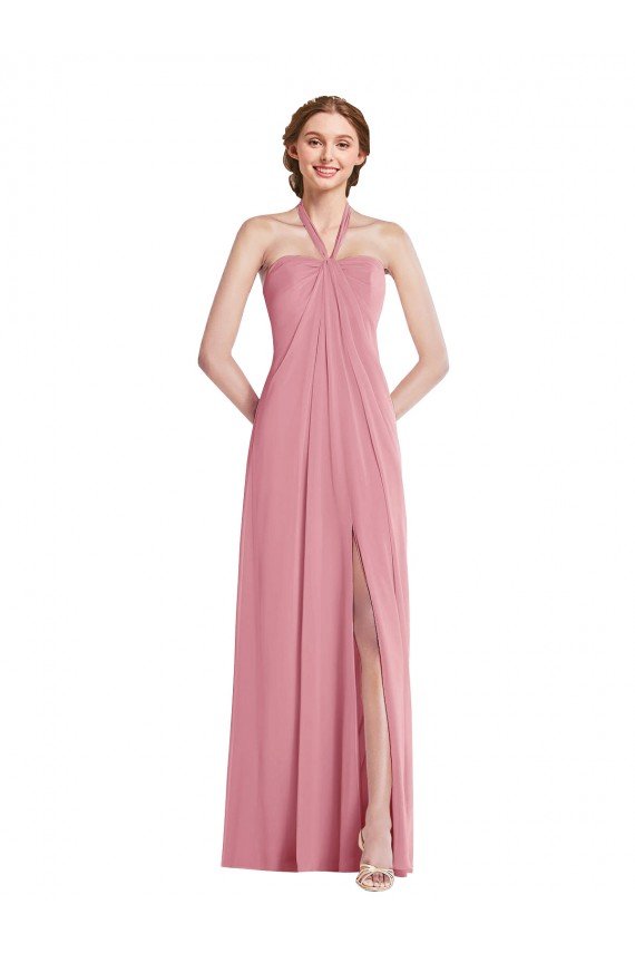 Affordable Draped Chiffon Grecian Column Bridesmaid Dress with Front Slit