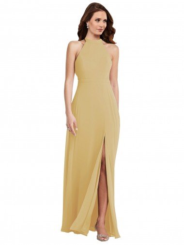 Affordable Stand Collar Halter Maxi Bridesmaid Dress with Criss Cross Open Back