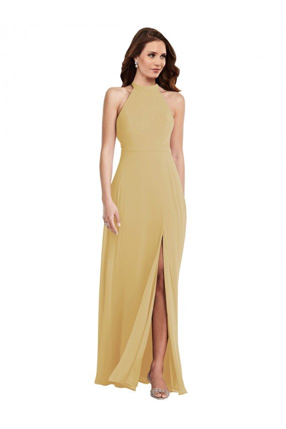 Affordable Stand Collar Halter Maxi Bridesmaid Dress with Criss Cross Open Back