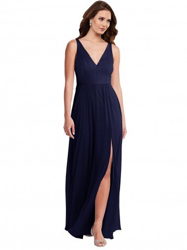 Affordable Deep V-Neck Chiffon Maxi Bridesmaid Dress with Front Slit