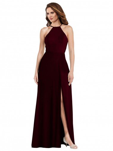 Affordable Halter Spaghetti Straps Maxi Bridesmaid Dress with Front Slit