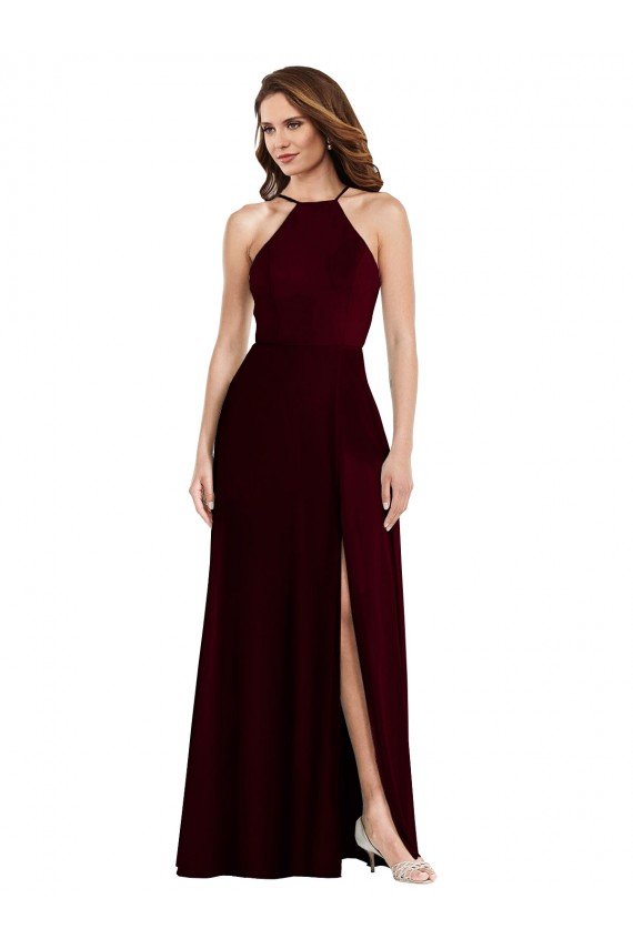 Affordable Halter Spaghetti Straps Maxi Bridesmaid Dress with Front Slit