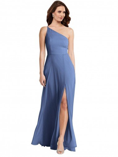 Affordable One Shoulder Full Length Maxi Formal Bridesmaid Dress with Flirty Slit