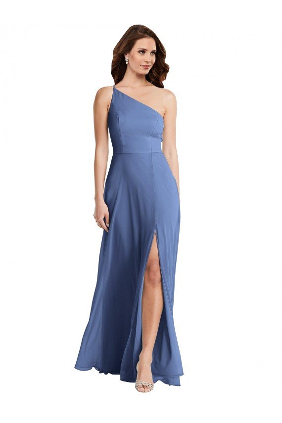 Affordable One Shoulder Full Length Maxi Formal Bridesmaid Dress with Flirty Slit