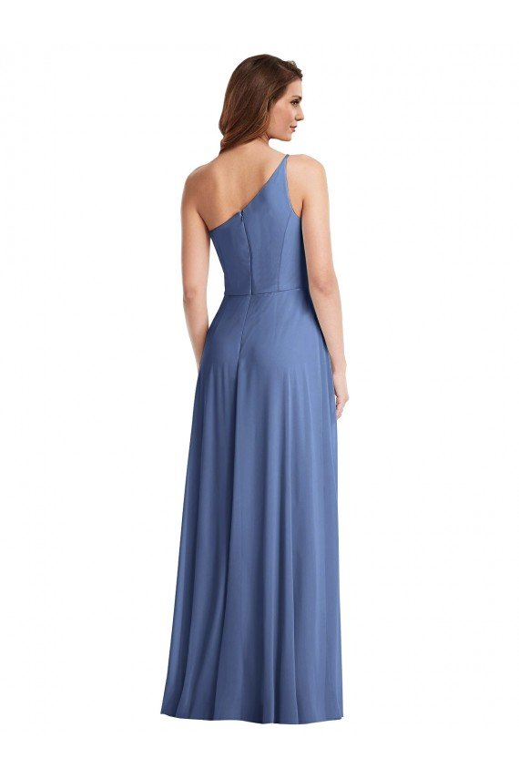 Affordable One Shoulder Full Length Maxi Formal Bridesmaid Dress with Flirty Slit
