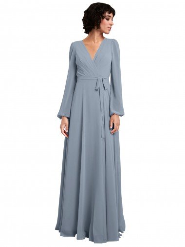 Affordable Wrap Style Long Sleeves Chiffon Bridesmaid Dress with Pleated Bodice