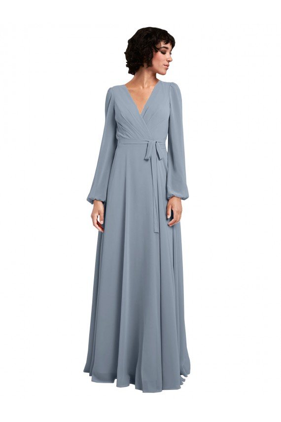 Affordable Wrap Style Long Sleeves Chiffon Bridesmaid Dress with Pleated Bodice