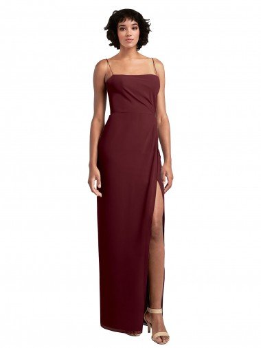 Affordable Sleek Straight Neckline Chiffon Bridesmaid Dress with Spaghetti Straps and High Side Slit