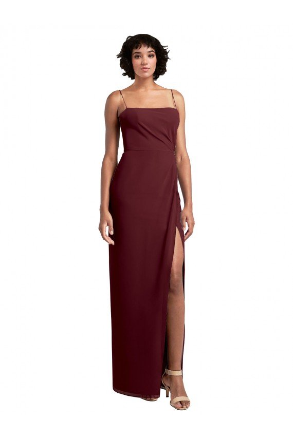 Affordable Sleek Straight Neckline Chiffon Bridesmaid Dress with Spaghetti Straps and High Side Slit