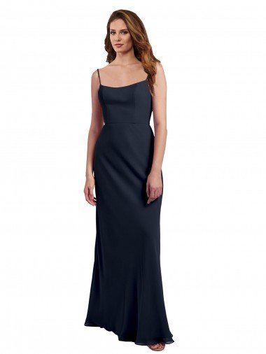 Affordable Scoop Neck Long Chiffon Open Back Bridesmaid Dress with Spaghetti Straps