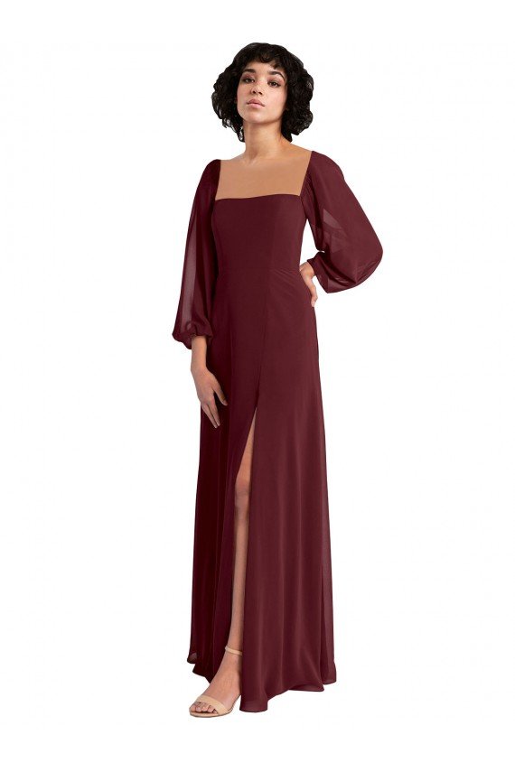 Affordable Sheer Long Sleeves Chiffon Bridesmaid Dress with High Slit