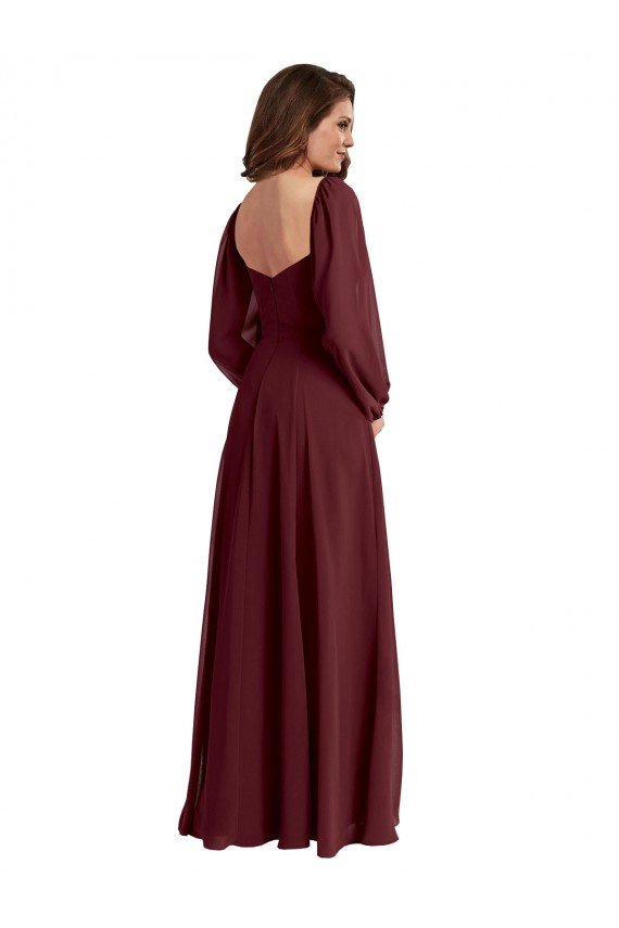 Affordable Sheer Long Sleeves Chiffon Bridesmaid Dress with High Slit