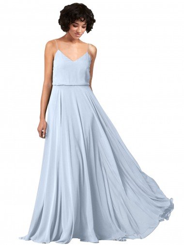 Affordable V-Neck Blouson Waist Long Chiffon Bridesmaid Dress with Straps