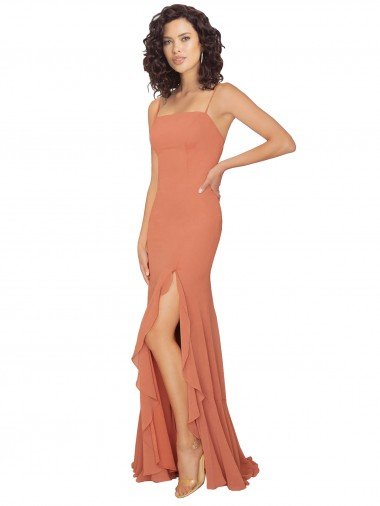 Affordable Chiffon Square Neck Bridesmaid Dress with Ruffled Skirt Slit