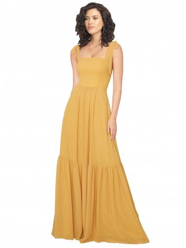 Affordable Tied Strap Square Neck Long Chiffon Bridesmaid Dress