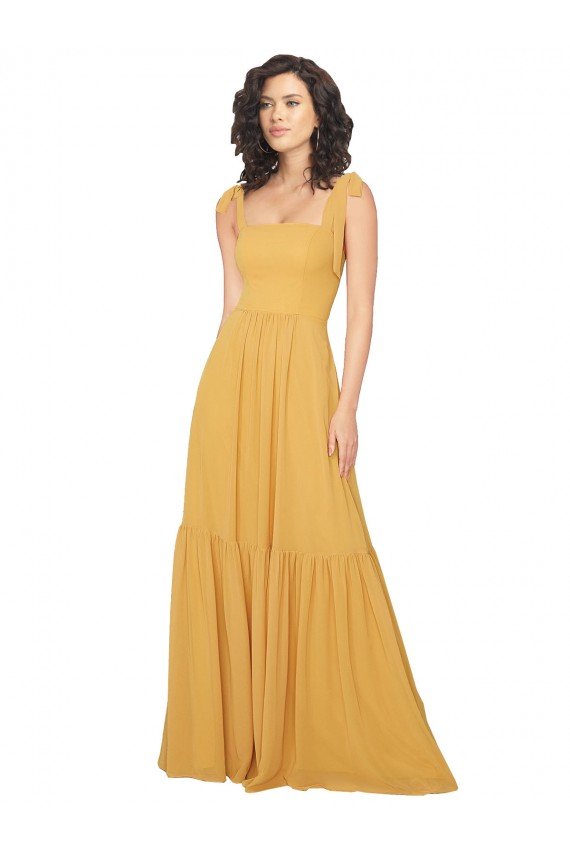 Affordable Tied Strap Square Neck Long Chiffon Bridesmaid Dress