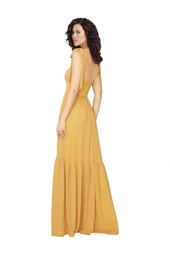 Affordable Tied Strap Square Neck Long Chiffon Bridesmaid Dress