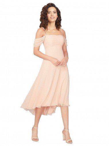 Affordable Cold Shoulder Midi Length Short Chiffon Bridesmaid Dress