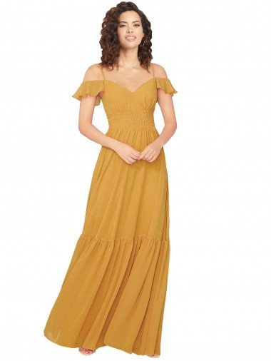Affordable Ruched Keyhole Back Boho Chiffon Bridesmaid Dress