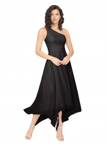 Affordable Midi Length One Shoulder Chiffon Cocktail Bridesmaid Dress