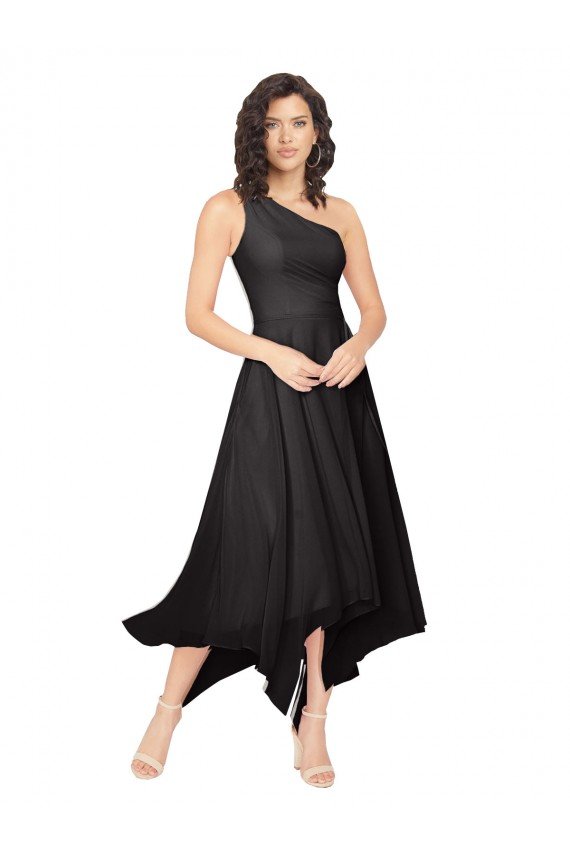 Affordable Midi Length One Shoulder Chiffon Cocktail Bridesmaid Dress