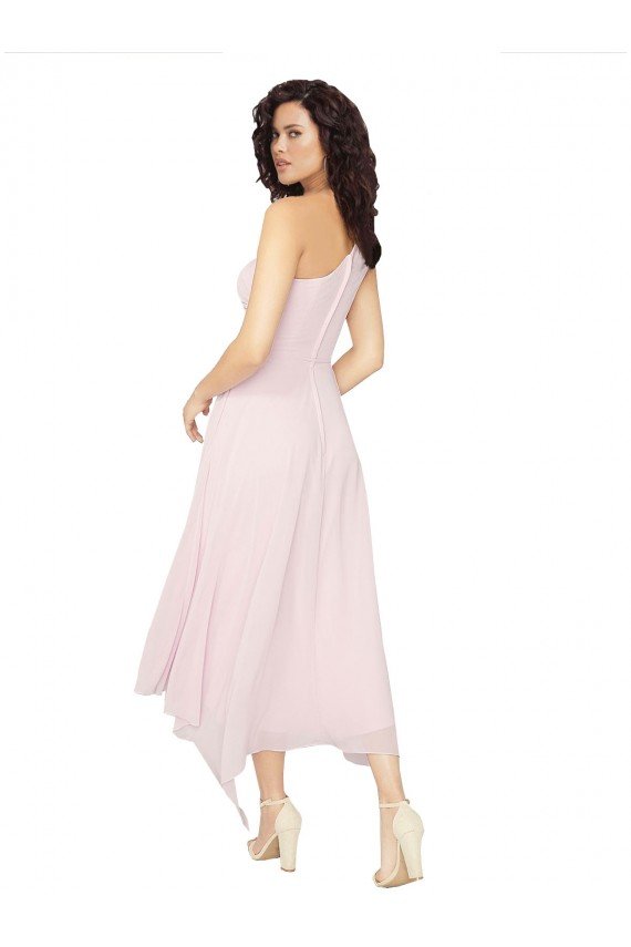 Affordable Midi Length One Shoulder Chiffon Cocktail Bridesmaid Dress