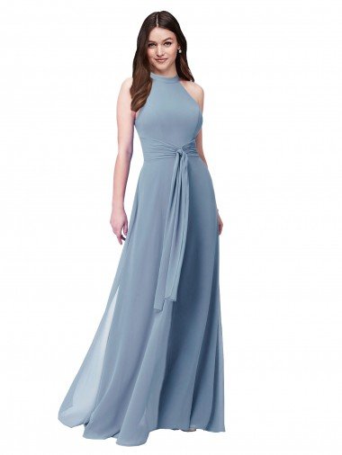 Affordable Halter High Neck Chiffon Dress with Sash