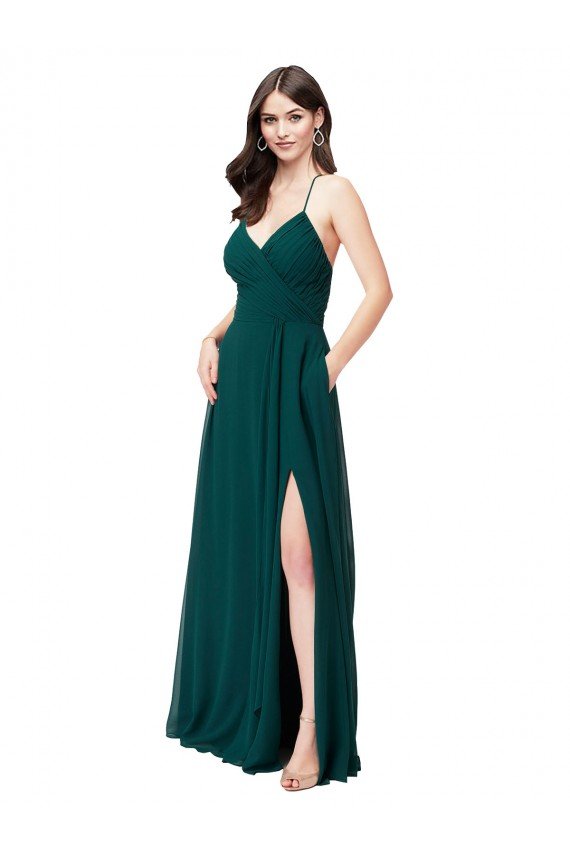 Affordable Chiffon Bridesmaid Dress with Draped Surplice Bodice & Pockets
