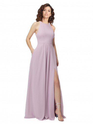 Affordable High-Halter Chiffon Bridesmaid Dress with Keyhole Cowl Back