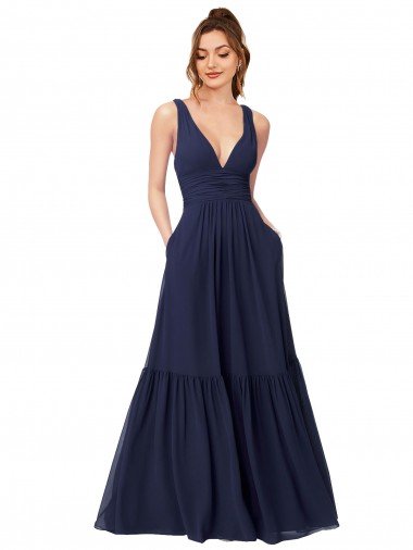 Affordable Floor Length Deep V-Neck Ruched Chiffon Long Bridesmaid Dress