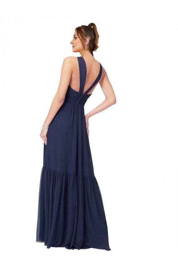Affordable Floor Length Deep V-Neck Ruched Chiffon Long Bridesmaid Dress