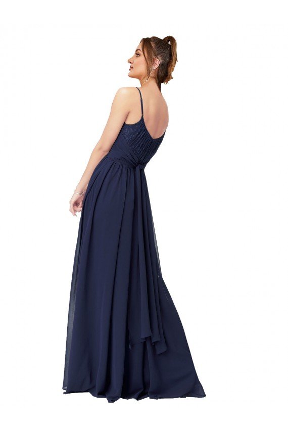 Affordable Long Chantilly Lace and Ruched Chiffon Bridesmaid Dress with Pockets