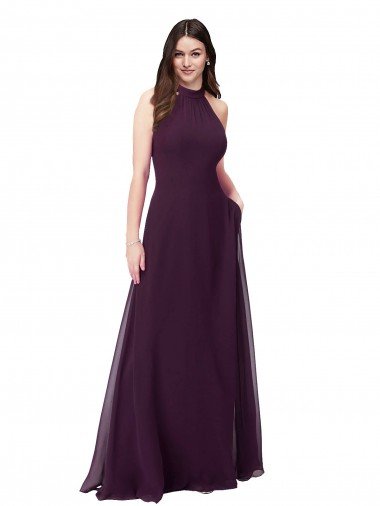 Affordable Chiffon High-Halter Bridesmaids Dress with Keyhole Back