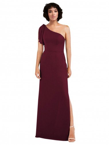 Affordable One Shoulder Chiffon Formal Bridesmaid Dress with Skirt Slit and Accent Strap